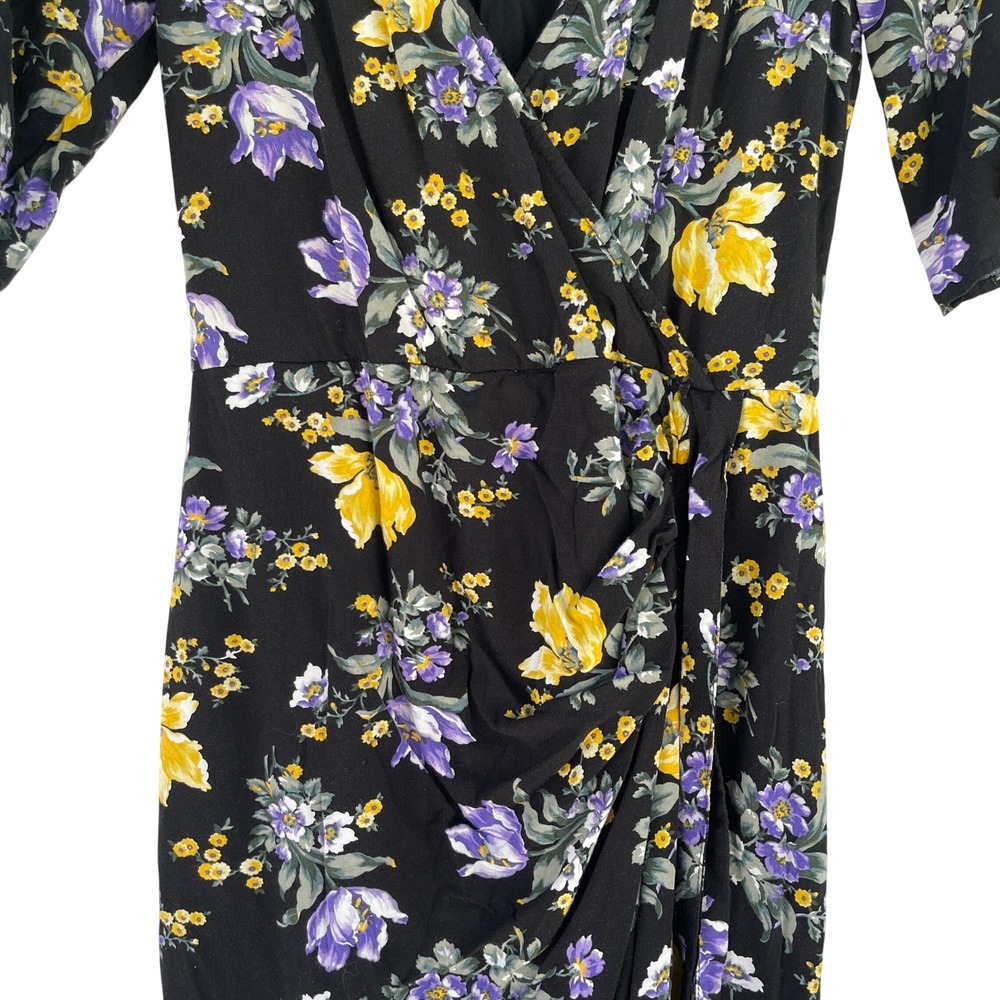 Abercrombie & Fitch Black Floral Wrap Mini Dress Purple Yellow Flowers XS - Picture 3 of 6